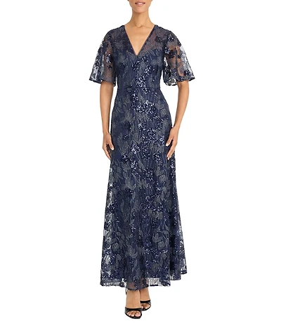 Maggy London Flutter Sleeve Embroidered Mesh Gown