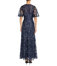 Maggy London Flutter Sleeve Embroidered Mesh Gown