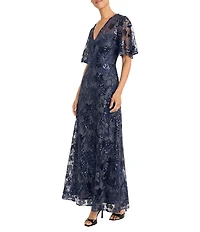 Maggy London Flutter Sleeve Embroidered Mesh Gown