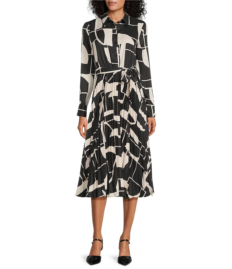 Maggy London Geometric Abstract Print Button Down Collar Neck Long Sleeve Pleated Tie Front Midi Dress