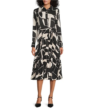 Maggy London Geometric Abstract Print Button Down Collar Neck Long Sleeve Pleated Tie Front Midi Dress