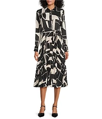 Maggy London Geometric Abstract Print Button Down Collar Neck Long Sleeve Pleated Tie Front Midi Dress