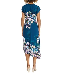 Maggy London Georgette Floral Print Round Neck Cap Sleeve Asymmetrical Hem Blouson Midi Dress