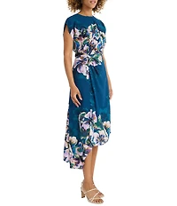 Maggy London Georgette Floral Print Round Neck Cap Sleeve Asymmetrical Hem Blouson Midi Dress