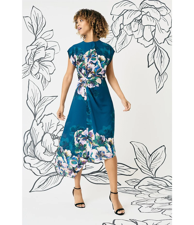 Maggy London Georgette Floral Print Round Neck Cap Sleeve Asymmetrical Hem Blouson Midi Dress