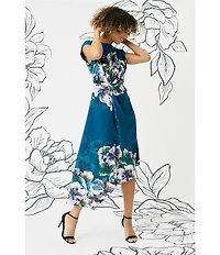 Maggy London Georgette Floral Print Round Neck Cap Sleeve Asymmetrical Hem Blouson Midi Dress