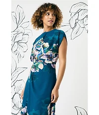 Maggy London Georgette Floral Print Round Neck Cap Sleeve Asymmetrical Hem Blouson Midi Dress