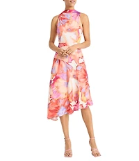 Maggy London Georgette Watercolor Print Mock Neck Sleeveless Asymmetrical Hem Sheath Midi Dress