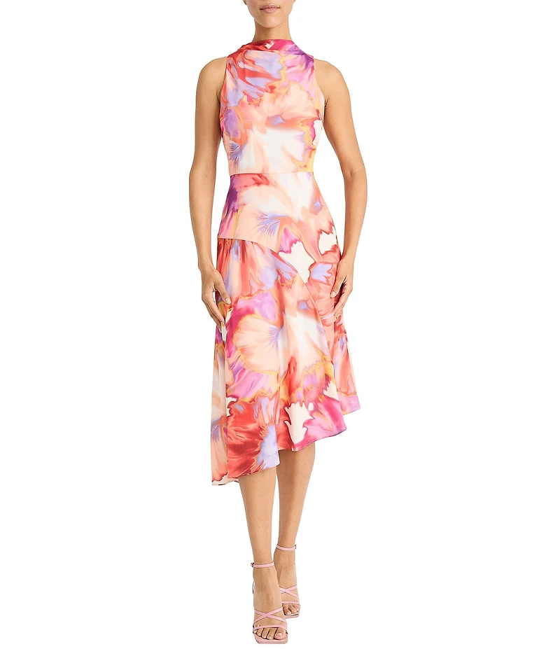 Maggy London Georgette Watercolor Print Mock Neck Sleeveless Asymmetrical Hem Sheath Midi Dress