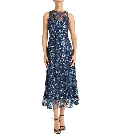 Maggy London Illusion Neck Sleeveless Embroidered Sequined Mesh A-Line Midi Dress