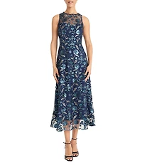 Maggy London Illusion Neck Sleeveless Embroidered Sequined Mesh A-Line Midi Dress