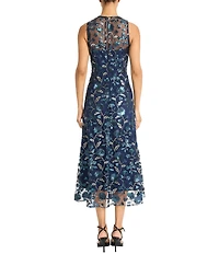 Maggy London Illusion Neck Sleeveless Embroidered Sequined Mesh A-Line Midi Dress