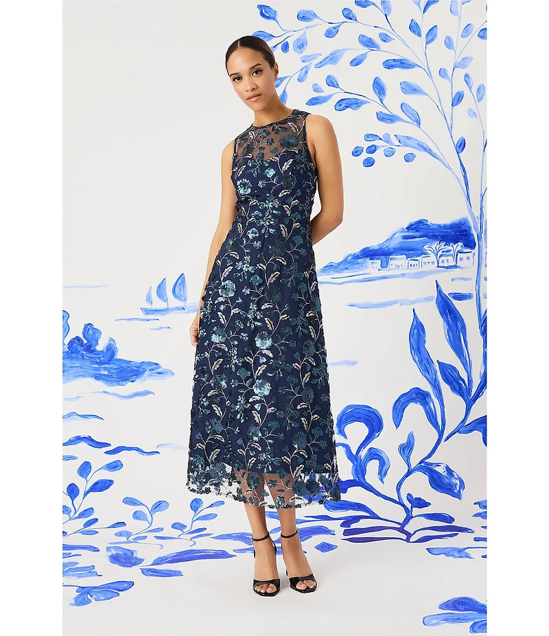 Maggy London Illusion Neck Sleeveless Embroidered Sequined Mesh A-Line Midi Dress