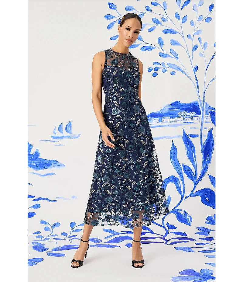 Maggy London Illusion Neck Sleeveless Embroidered Sequined Mesh A-Line Midi Dress