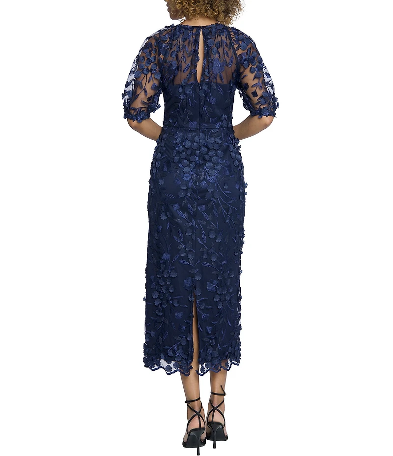 Maggy London Illusion Puff Short Sleeve Crew Neck Embroidered 3D Petal Applique Mesh MIdi Sheath Dress