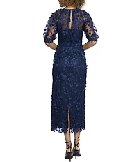 Maggy London Illusion Puff Short Sleeve Crew Neck Embroidered 3D Petal Applique Mesh MIdi Sheath Dress