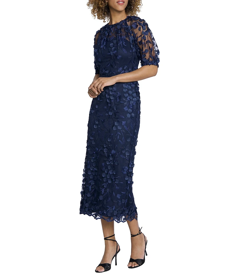Maggy London Illusion Puff Short Sleeve Crew Neck Embroidered 3D Petal Applique Mesh MIdi Sheath Dress
