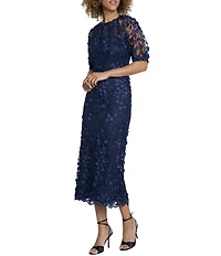 Maggy London Illusion Puff Short Sleeve Crew Neck Embroidered 3D Petal Applique Mesh MIdi Sheath Dress