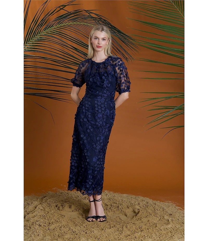 Maggy London Illusion Puff Short Sleeve Crew Neck Embroidered 3D Petal Applique Mesh MIdi Sheath Dress