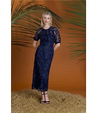 Maggy London Illusion Puff Short Sleeve Crew Neck Embroidered 3D Petal Applique Mesh MIdi Sheath Dress