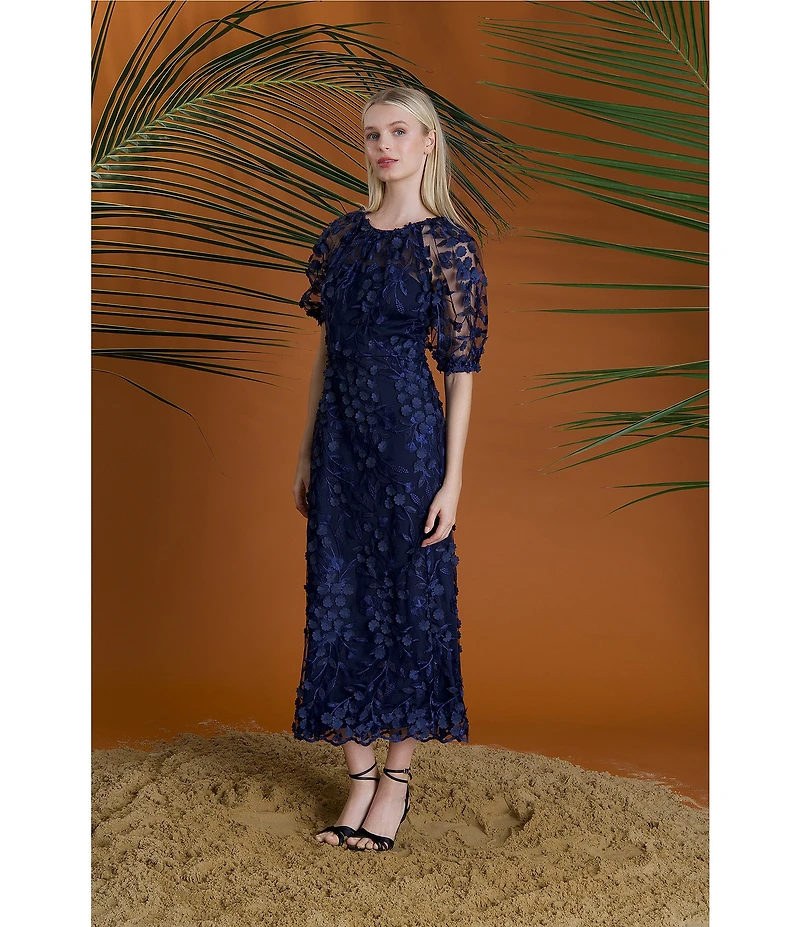 Maggy London Illusion Puff Short Sleeve Crew Neck Embroidered 3D Petal Applique Mesh MIdi Sheath Dress
