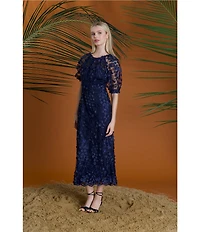 Maggy London Illusion Puff Short Sleeve Crew Neck Embroidered 3D Petal Applique Mesh MIdi Sheath Dress