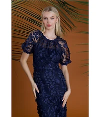 Maggy London Illusion Puff Short Sleeve Crew Neck Embroidered 3D Petal Applique Mesh MIdi Sheath Dress