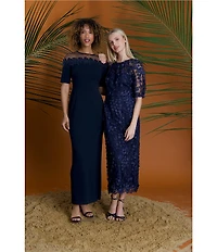 Maggy London Illusion Puff Short Sleeve Crew Neck Embroidered 3D Petal Applique Mesh MIdi Sheath Dress