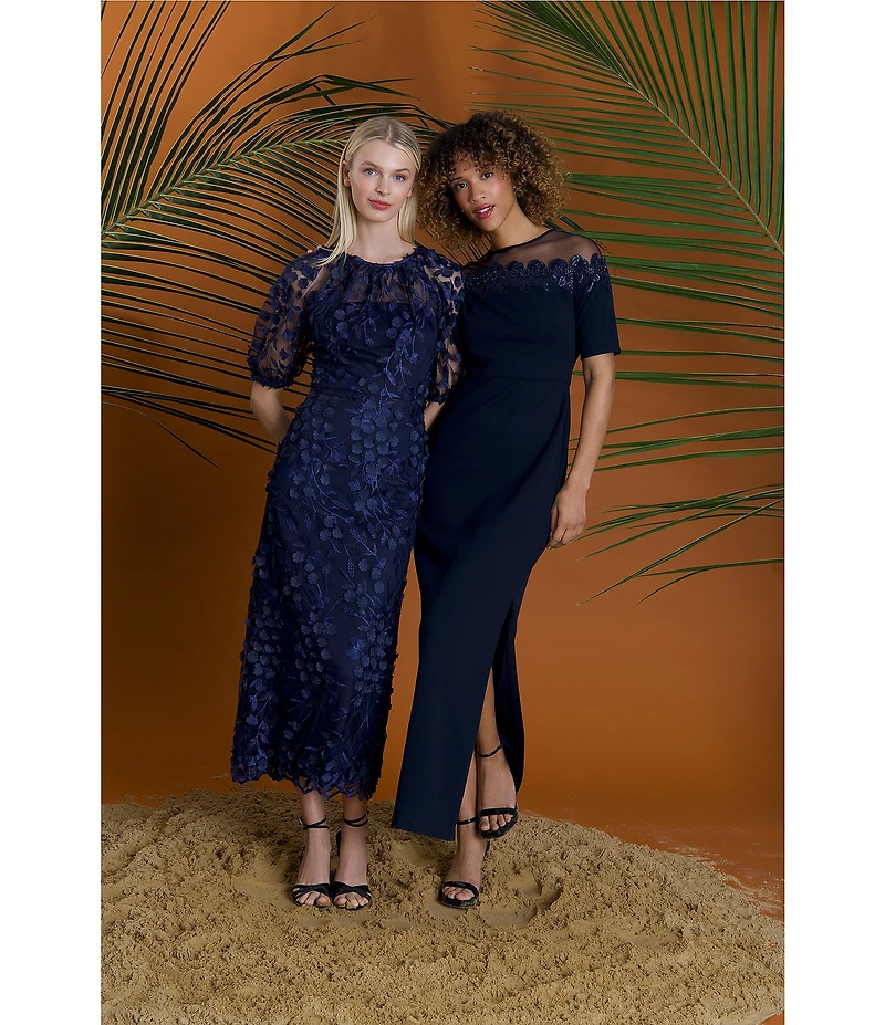 Maggy London Illusion Puff Short Sleeve Crew Neck Embroidered 3D Petal Applique Mesh MIdi Sheath Dress