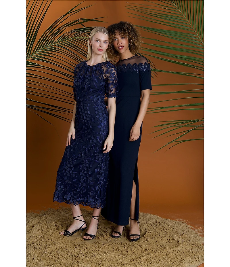 Maggy London Illusion Puff Short Sleeve Crew Neck Embroidered 3D Petal Applique Mesh MIdi Sheath Dress