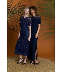 Maggy London Illusion Puff Short Sleeve Crew Neck Embroidered 3D Petal Applique Mesh MIdi Sheath Dress