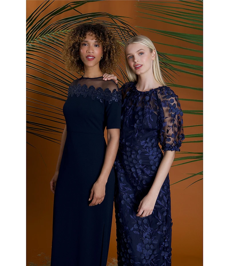 Maggy London Illusion Puff Short Sleeve Crew Neck Embroidered 3D Petal Applique Mesh MIdi Sheath Dress
