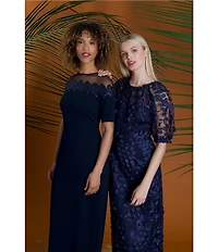 Maggy London Illusion Puff Short Sleeve Crew Neck Embroidered 3D Petal Applique Mesh MIdi Sheath Dress