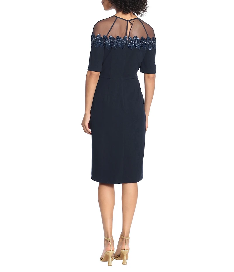 Maggy London Illusion Yoke Stretch Crepe Short Sleeve Crew Neck Sheath Midi Dress
