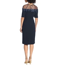 Maggy London Illusion Yoke Stretch Crepe Short Sleeve Crew Neck Sheath Midi Dress