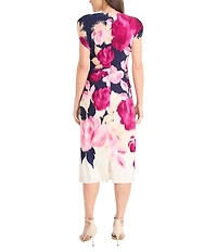 Maggy London ITY Floral Crew Neck Cap Sleeve Side Ruched Sheath Midi Dress