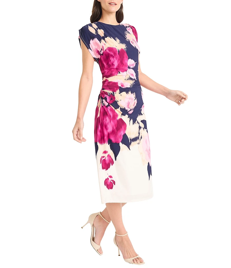 Maggy London ITY Floral Crew Neck Cap Sleeve Side Ruched Sheath Midi Dress