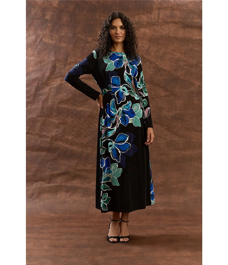 Maggy London ITY Floral Print Crew Neck Long Sleeve Midi Dress