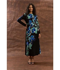 Maggy London ITY Floral Print Crew Neck Long Sleeve Midi Dress