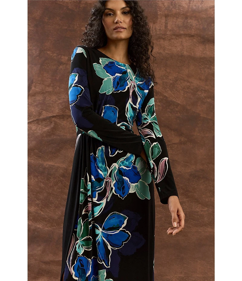 Maggy London ITY Floral Print Crew Neck Long Sleeve Midi Dress