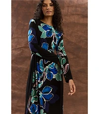 Maggy London ITY Floral Print Crew Neck Long Sleeve Midi Dress