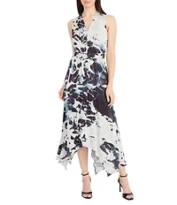 Maggy London Jacquard Multi Print V Neck Sleeveless Asymmetrical Hem Fit and Flare Midi Dress