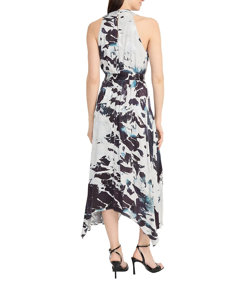 Maggy London Jacquard Multi Print V Neck Sleeveless Asymmetrical Hem Fit and Flare Midi Dress