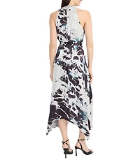 Maggy London Jacquard Multi Print V Neck Sleeveless Asymmetrical Hem Fit and Flare Midi Dress
