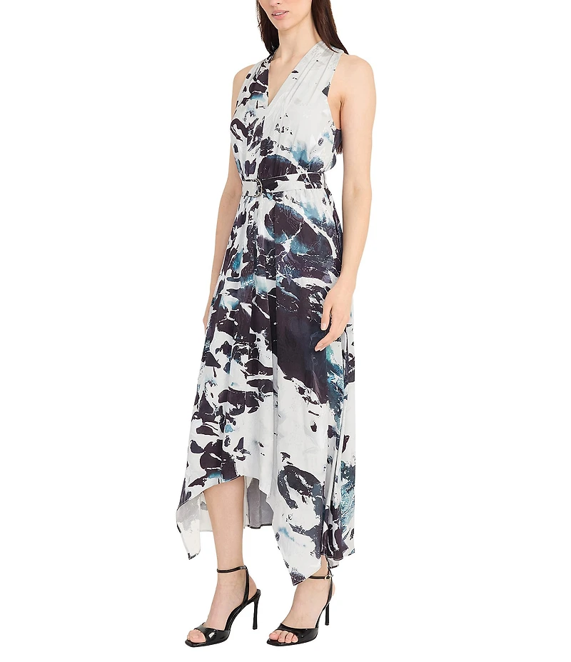 Maggy London Jacquard Multi Print V Neck Sleeveless Asymmetrical Hem Fit and Flare Midi Dress