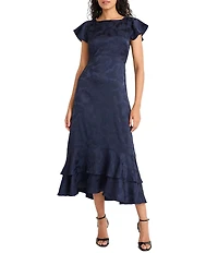 Maggy London Jacquard Ruffle Cap Sleeve Ruffle Hem Midi Dress
