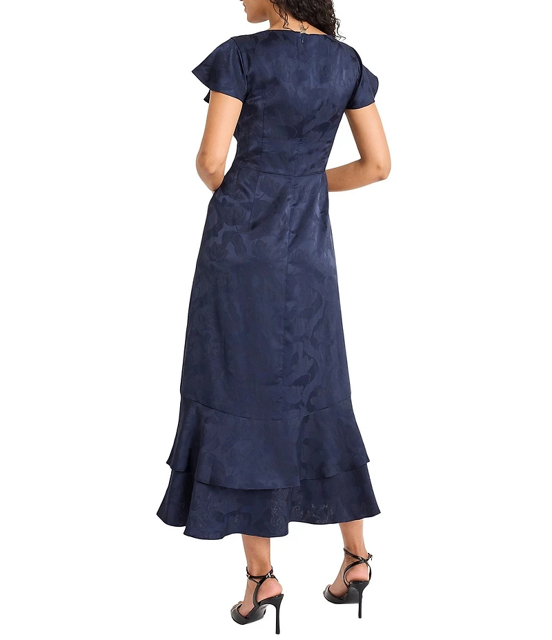 Maggy London Jacquard Ruffle Cap Sleeve Ruffle Hem Midi Dress