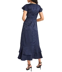 Maggy London Jacquard Ruffle Cap Sleeve Ruffle Hem Midi Dress