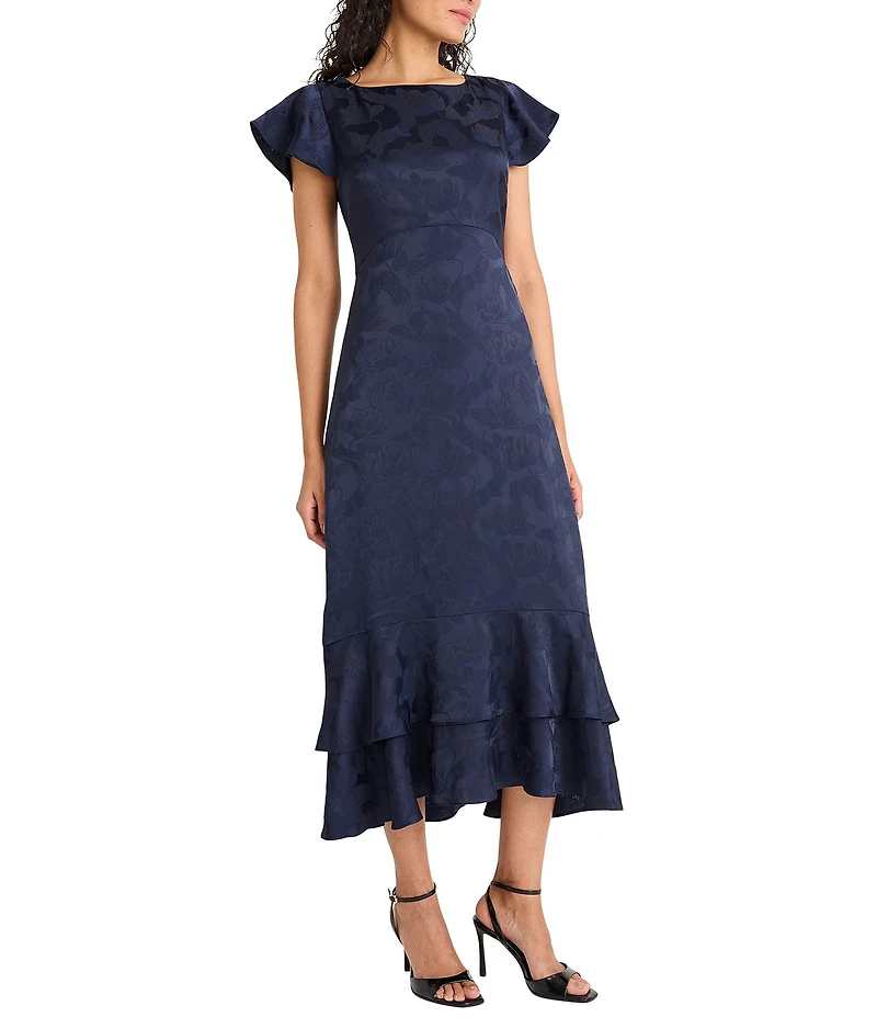 Maggy London Jacquard Ruffle Cap Sleeve Ruffle Hem Midi Dress