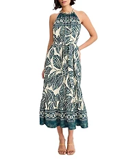 Maggy London Leaf Print Halter Neck Midi Dress
